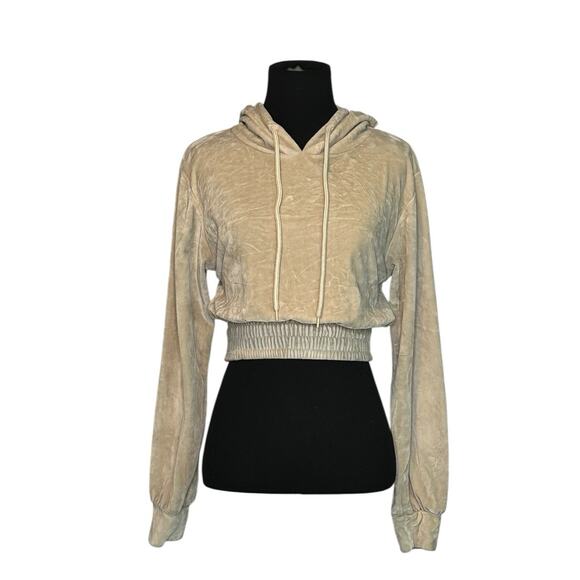 Roma Concept beige velvet long sleeves crop hoodie sweater size Small - Picture 1 of 15